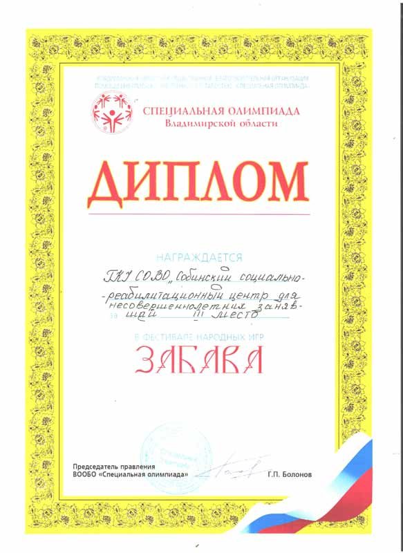 Диплом по "Специальной Олимпиаде Владимирской области", награждается ГКУСО ВО "Собинский социально- реабилитационный центр для несовершеннолетних", в фестивале народных игр "Забава"