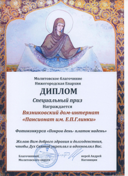 Диплом (специальный приз) от Епархии