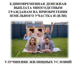 Единовременная денежная выплата многодетным гражданам на приобретение земельного участка и (или) улучшение жилищных условий.