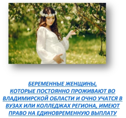 Беременные женщины, которые постоянно проживают во владимирской области и очно учатся в вузах или колледжах региона, имеют право на единовременную выплату