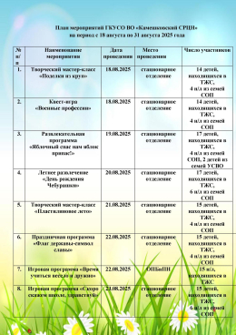 План мероприятий ГКУСО ВО «Камешковский СРЦН»  на период с 18 августа по 31 августа 2025 года
