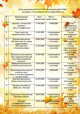 План мероприятий ГКУСО ВО «Камешковский СРЦН»  на период с 15 сентября по 30 сентября 2025 года