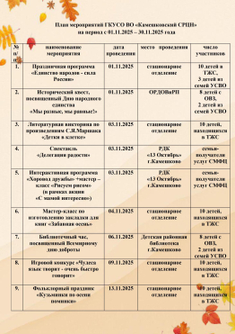 План мероприятий ГКУСО ВО «Камешковский СРЦН»  на период с 01.11.2025 – 30.11.2025 года