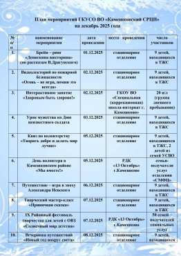 План мероприятий ГКУСО ВО «Камешковский СРЦН»  на декабрь 2025 года