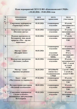 План мероприятий ГКУСО ВО «Камешковский СРЦН»  с 01.03.2026 - 15.03.2026 года
