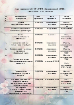 План мероприятий ГКУСО ВО «Камешковский СРЦН»  с 16.03.2026 - 31.03.2026 года