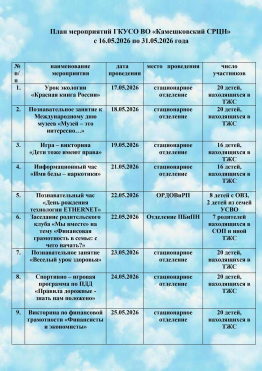 План мероприятий ГКУСО ВО «Камешковский СРЦН»  с 16.05.2026 по 31.05.2026 года