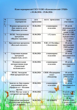 План мероприятий ГКУСО ВО «Камешковский СРЦН»  с 01.06.2026 - 15.06.2026