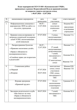 План мероприятий ГКУСО ВО «Камешковский СРЦН»,  проводимых в рамках Всероссийской Недели правовой помощи  по вопросам защиты интересов семьи,  с 06.07.2026 – 12.07.2026