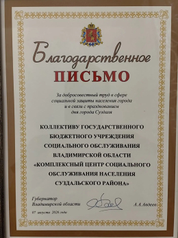 Благодарственное письмо от Губернатора Владимирской области! 