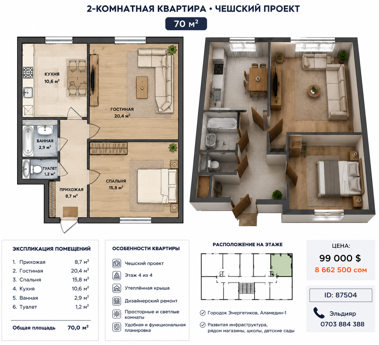 Продажа, Индивидуальный проект, 3 ком, 70 м2, этаж 4/4, Сост: Евроремонт - фото 1