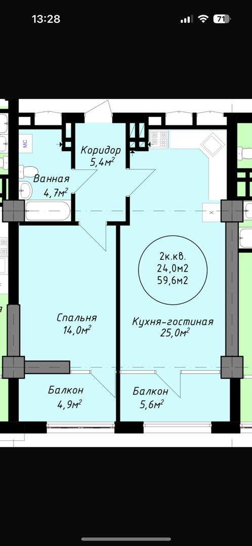 Элитка, 2 ком, 60 м2, этаж 12/13, Сост: Сдан ПСО - фото 1