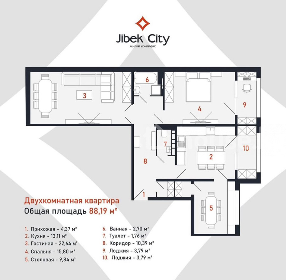 Продажа, Элитка, 2 ком, 88 м2, этаж 7/9, ж/к JIbek City, Сост: Сдан ПСО - фото 2