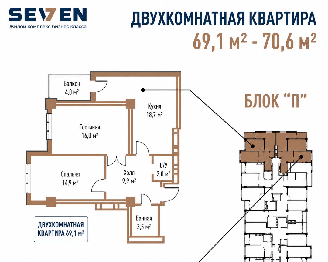 Элитка, 2 ком, 70.6 м2, этаж 2/12, ж/к ЖК SEVEN, Сост: Сдан ПСО - фото 1
