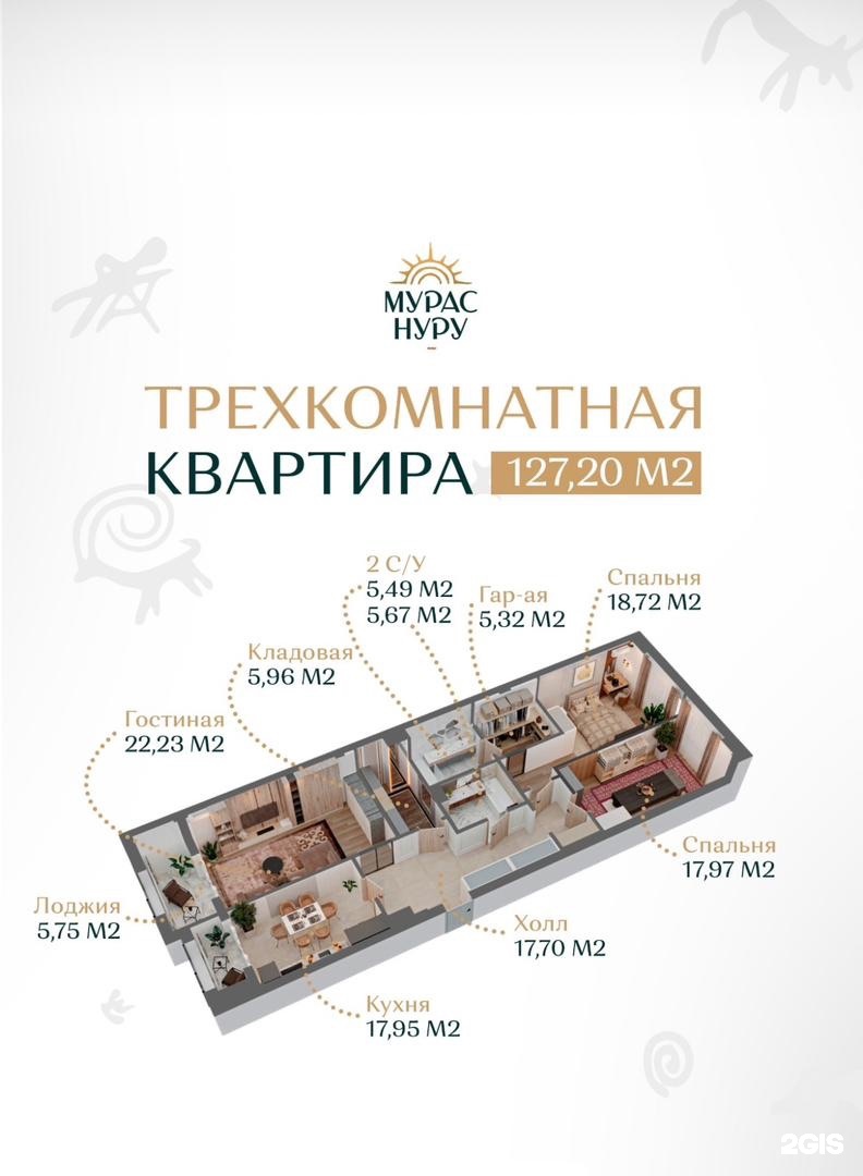 Элитка, 3 ком, 127 м2, этаж 8/14, ж/к Мурас Нуру, Сост: Строящийся ПСО - фото 2