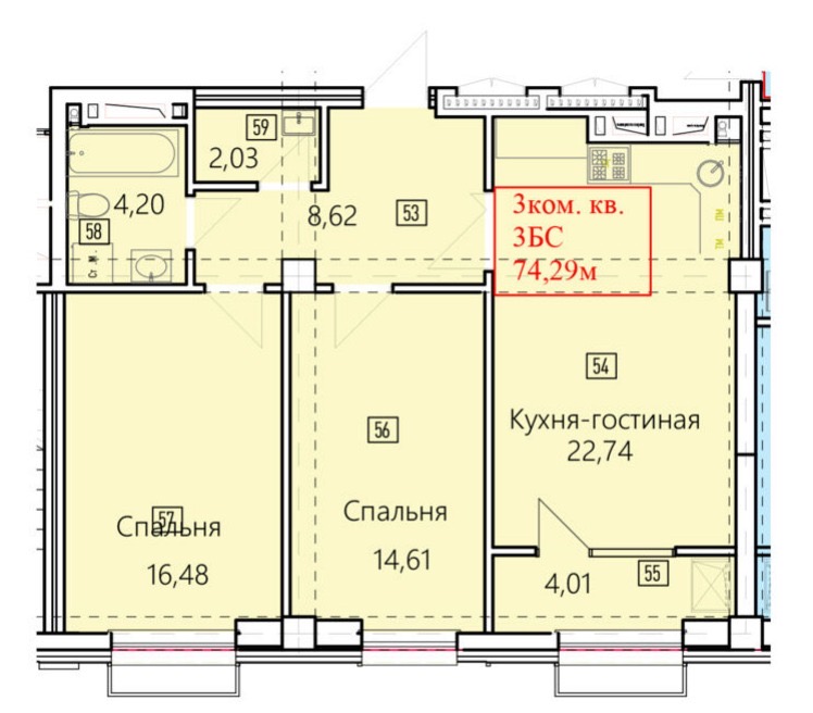 Элитка, 3 ком, 74.29 м2, этаж 15/15, ж/к Нью-Йорк сити (New York city), Сост: Строящийся ПСО - фото 1