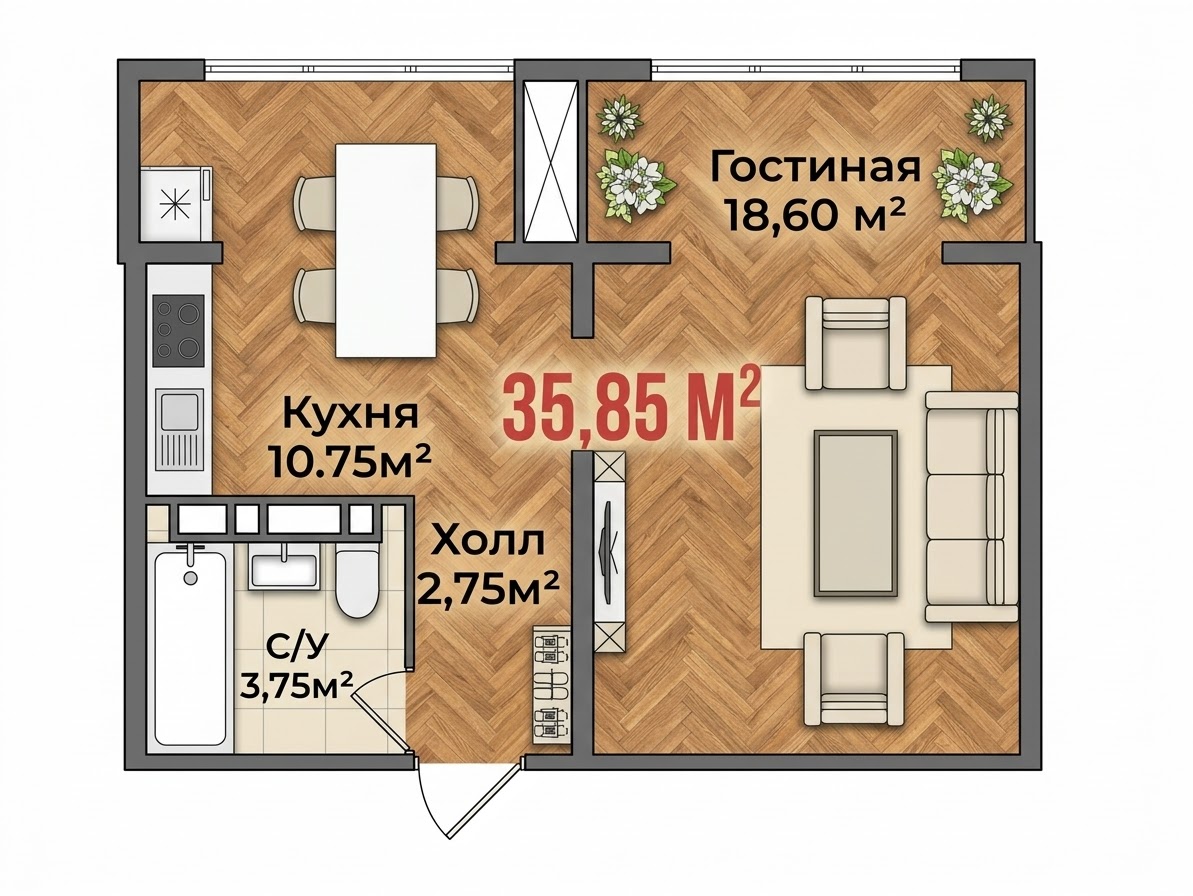 Элитка, 1 ком, 35.85 м2, этаж 2/5, ж/к Иваницина, Сост: Сдан ПСО - фото 1