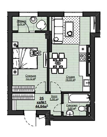 Элитка, 1 ком, 45 м2, этаж 12/14, ж/к ЖК New City, Сост: Строящийся ПСО - фото 2