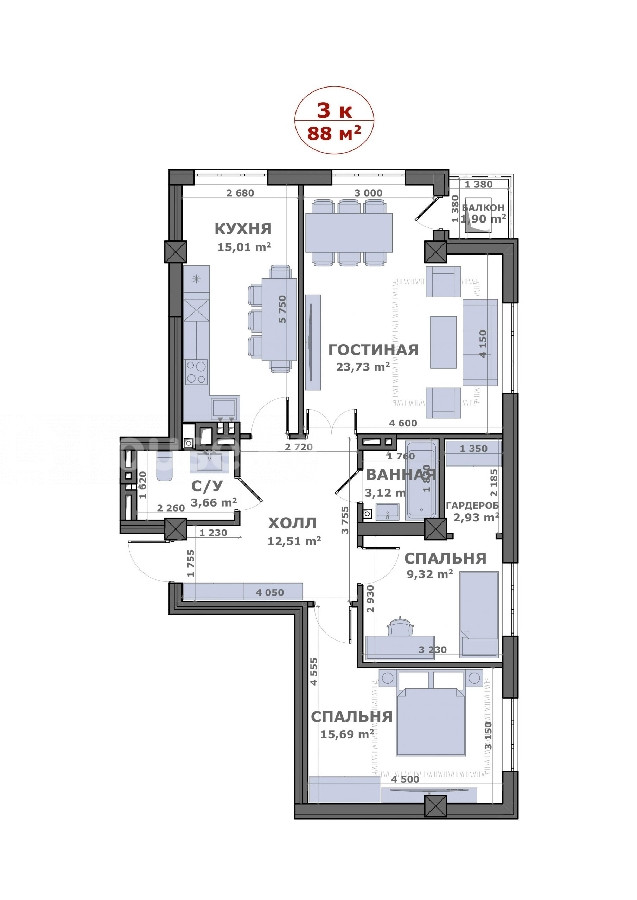 Элитка, 3 ком, 88 м2, этаж 10/12, ж/к Кремлёвский, Сост: Евроремонт - фото 6