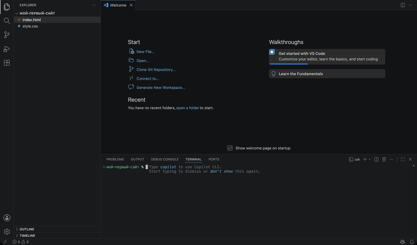 VS Code сразу после первого запуска: ни одного файла, чистое окно