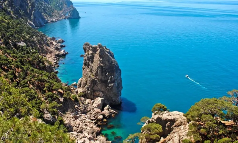 Скалы, деревья и голубое море Крыма