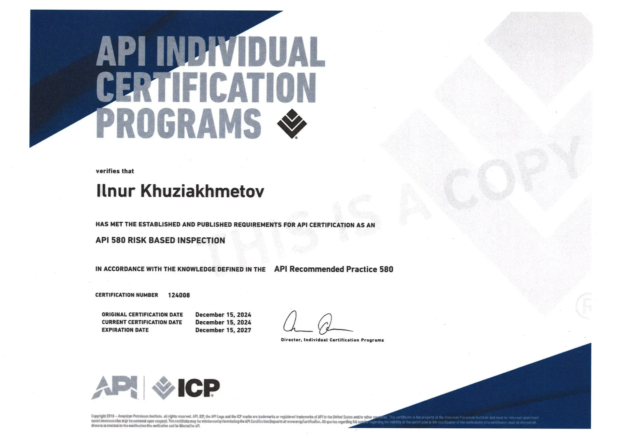 API 580 Risk Based Inspection