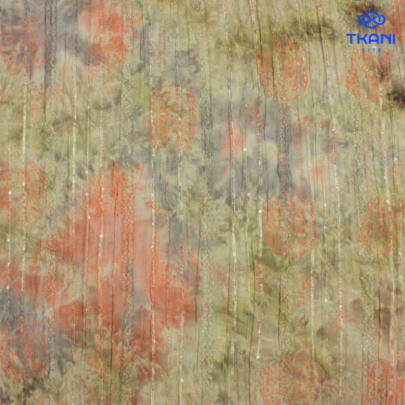 1361. Шифон крэш. Тай-дай. С вышивкой сутажной лентой и пайетками. Принт. от Tkani.site