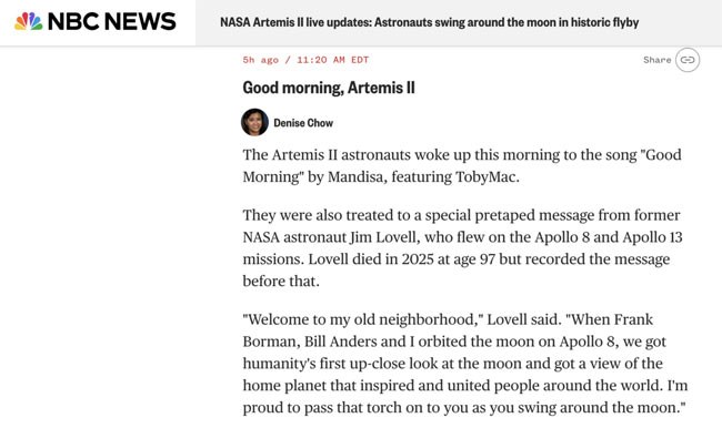 Астронавты Artemis II проснулись сегодня под трек 'Good Morning' от Mandisa с участием TobyMac