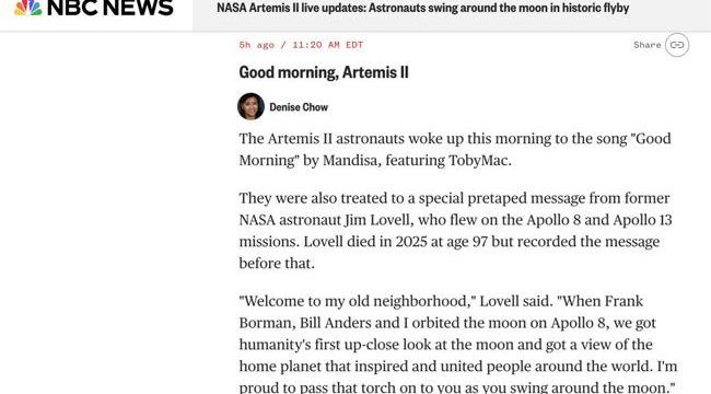 Астронавты Artemis II проснулись сегодня под трек 'Good Morning' от Mandisa с участием TobyMac