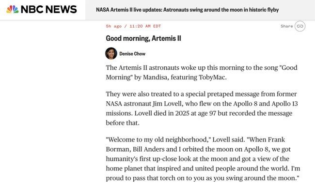Астронавты Artemis II проснулись сегодня под трек 'Good Morning' от Mandisa с участием TobyMac