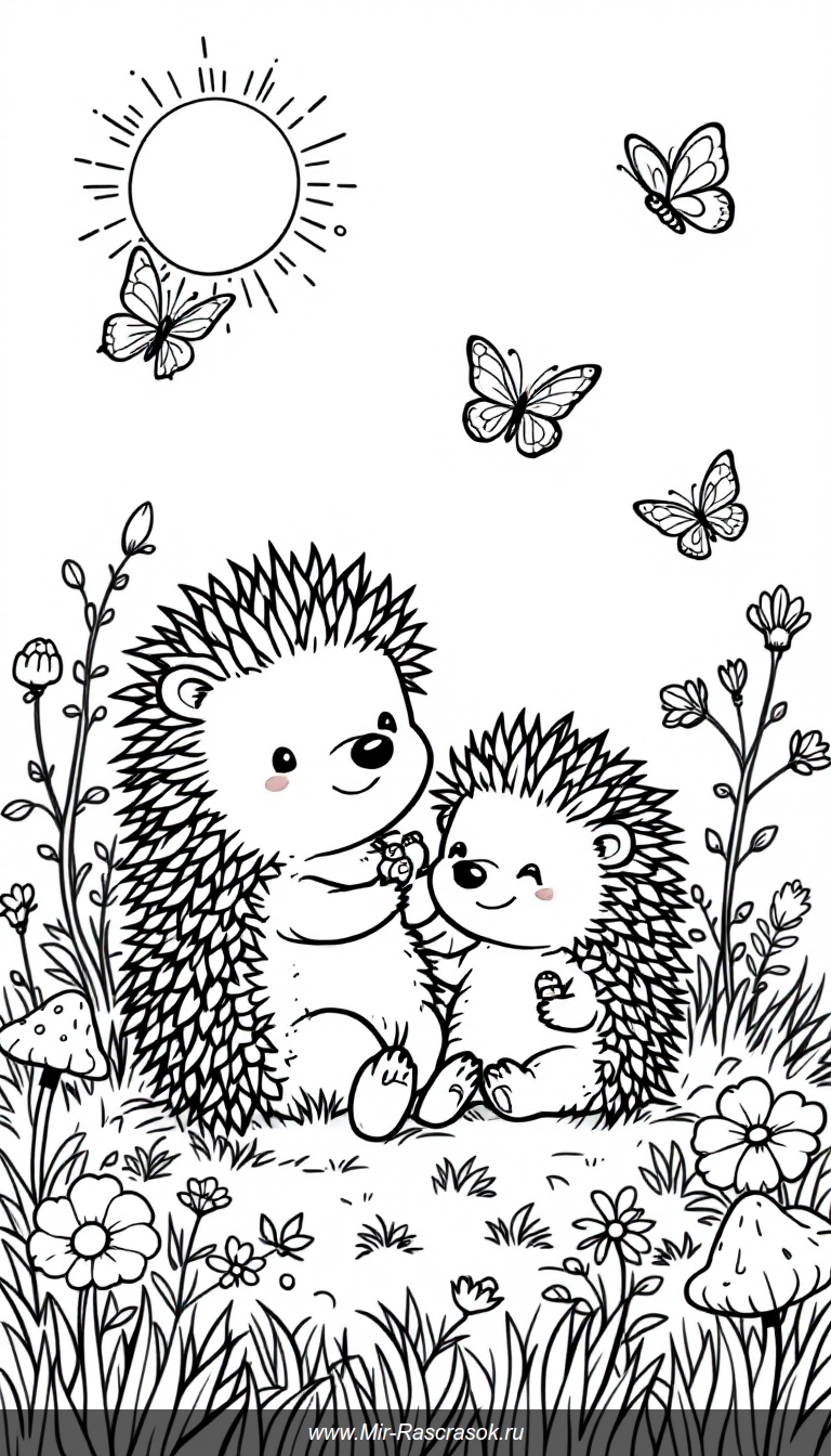 🌿 Познакомьтесь с друзьями ежиками из нашей новой раскраски 🦔🦔 Простая и приятная сцена для детского творчества с цветами и бабочками 🦋 Отлично подходит для развития моторики и воображения детей 🎨🖍️ Попробуйте раскрасить эту дружелюбную картинку уже сегодня!