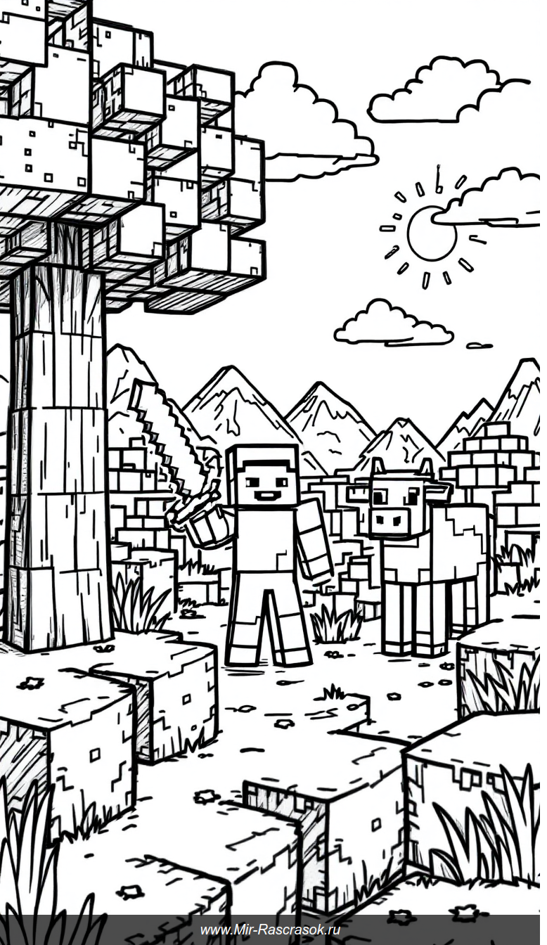 Раскраска в стиле Minecraft с персонажами и кубическим пейзажем
