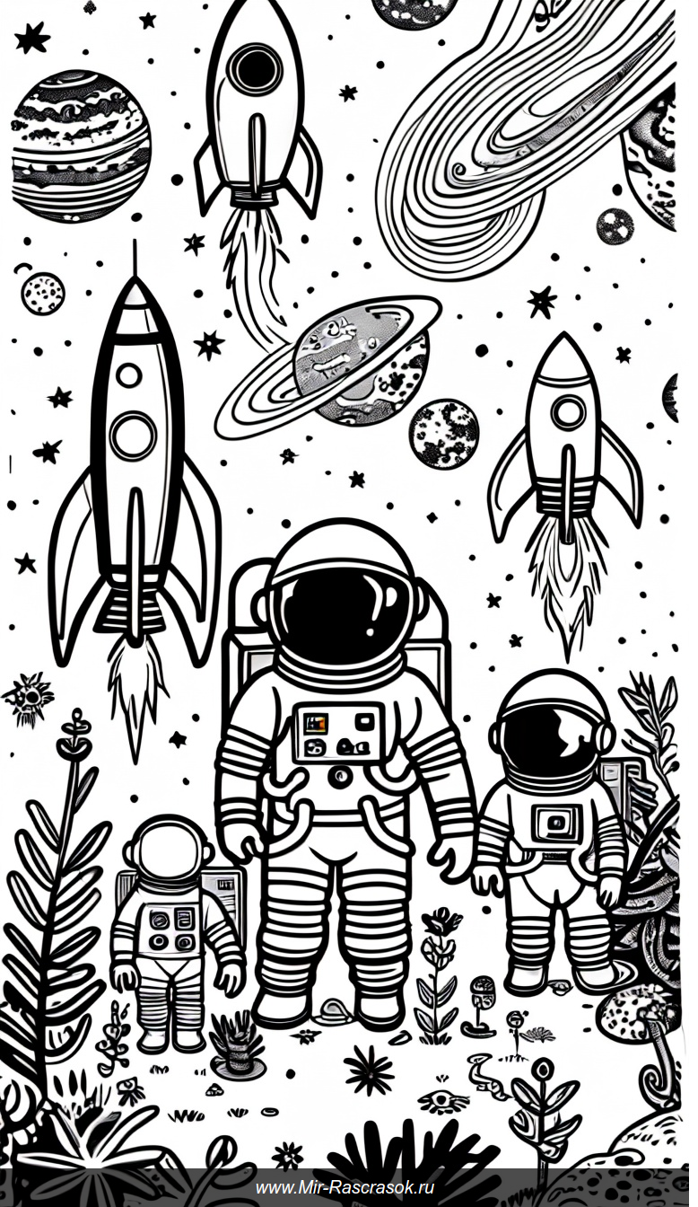 Книжка-раскраска с дружелюбными астронавтами и забавными пришельцами на чужой планете