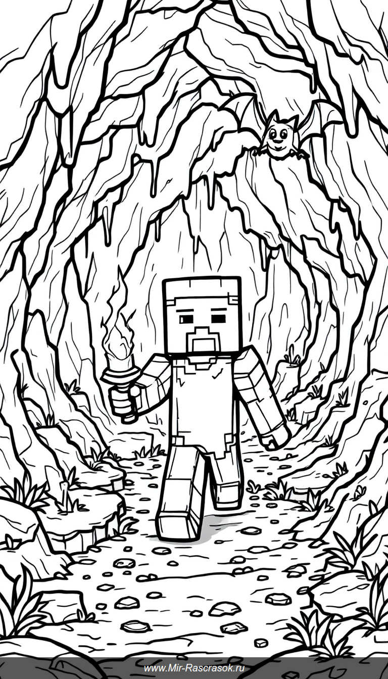 Путешествие по пещере в Minecraft с факелом