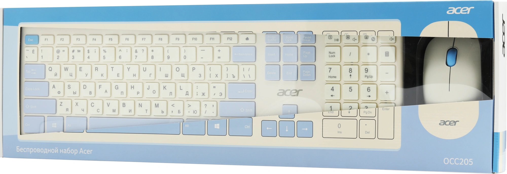 Клавиатура + мышь Acer OCC205 клав:белый/голубой мышь:белый/голубой USB беспроводная slim Multimedia (ZL.ACCEE.00C)