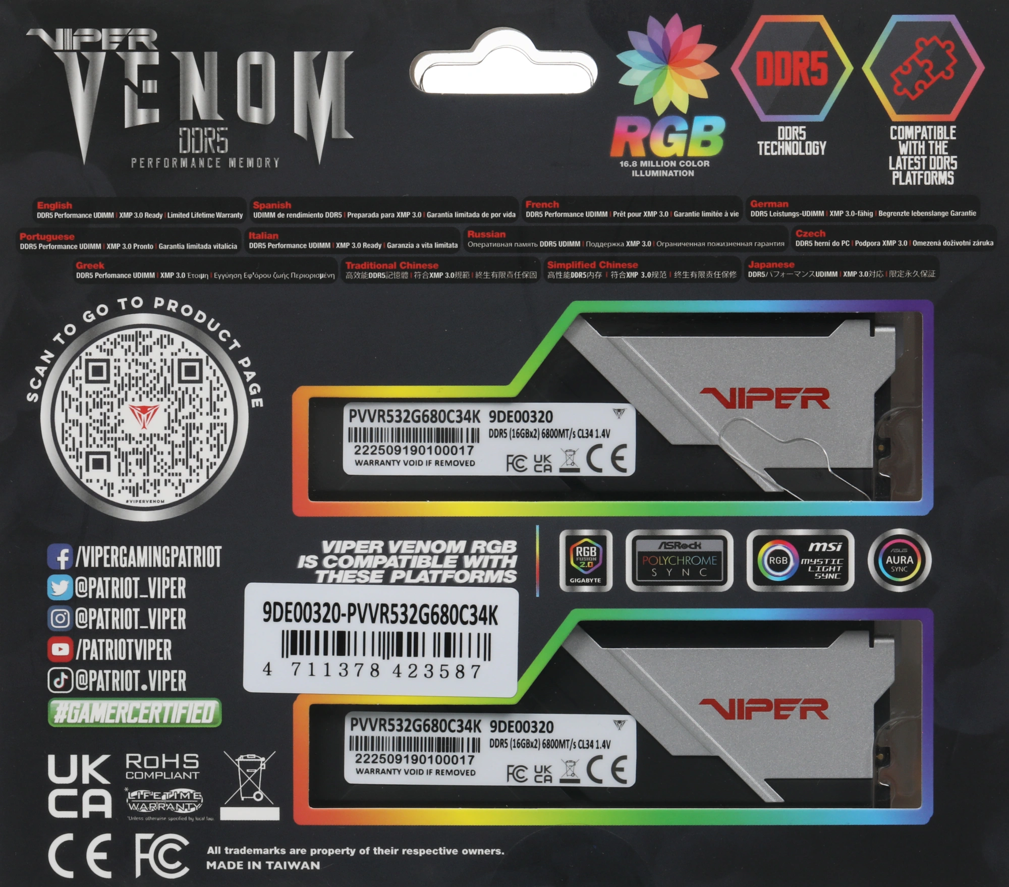 Память DDR5 2x16Gb 6800MHz Patriot PVVR532G680C34K Viper Venom RGB RTL Gaming PC5-54400 CL34 DIMM 288-pin 1.4В kit с радиатором Ret — изображение 12