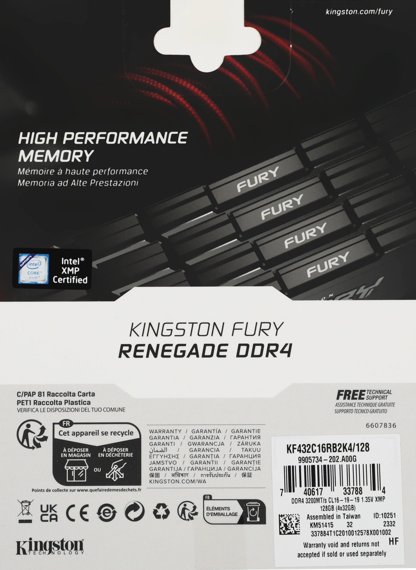 Память DDR4 4x32GB 3200MHz Kingston KF432C16RB2K4/128 Fury Renegade Black RTL Gaming PC4-25600 CL16 DIMM 288-pin 1.35В kit dual rank с радиатором Ret — изображение 2