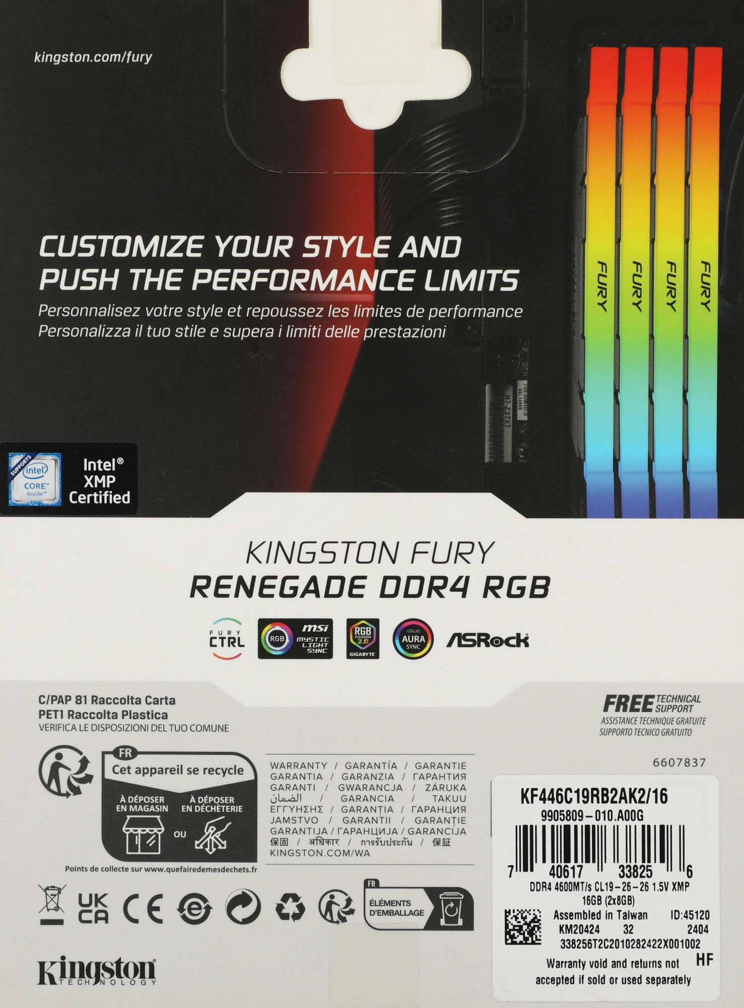 Память DDR4 2x8GB 4600МГц Kingston KF446C19RB2AK2/16 Fury Renegade RGB RTL Gaming PC4-36800 CL19 DIMM 288-pin 1.5В kit single rank с радиатором Ret — изображение 5