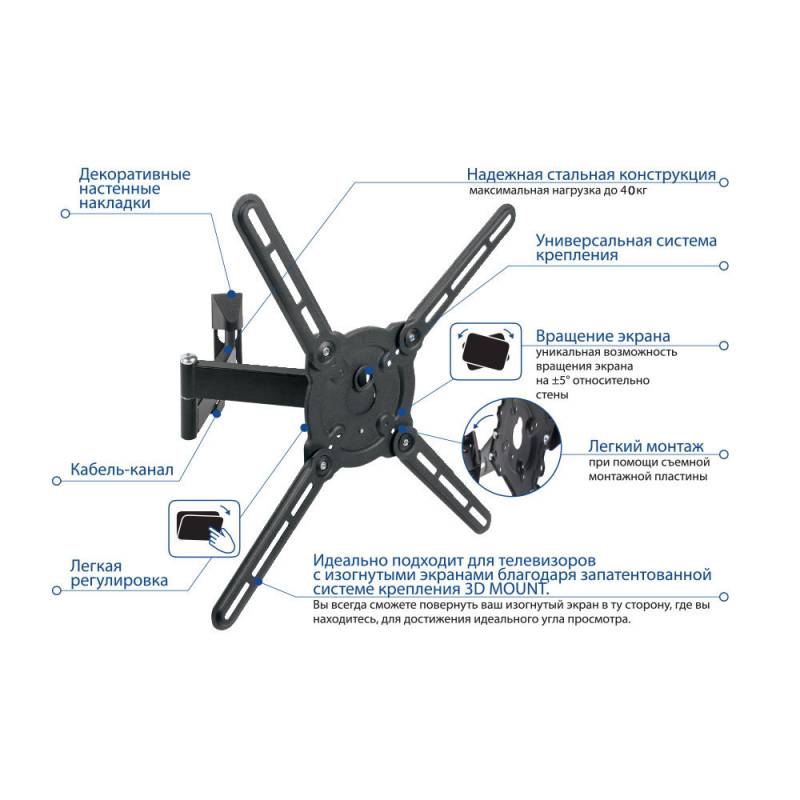 Кронштейн для телевизора Kromax ATLANTIS-15 темно-серый 22"-65" макс.40кг настенный поворот и наклон — изображение 3