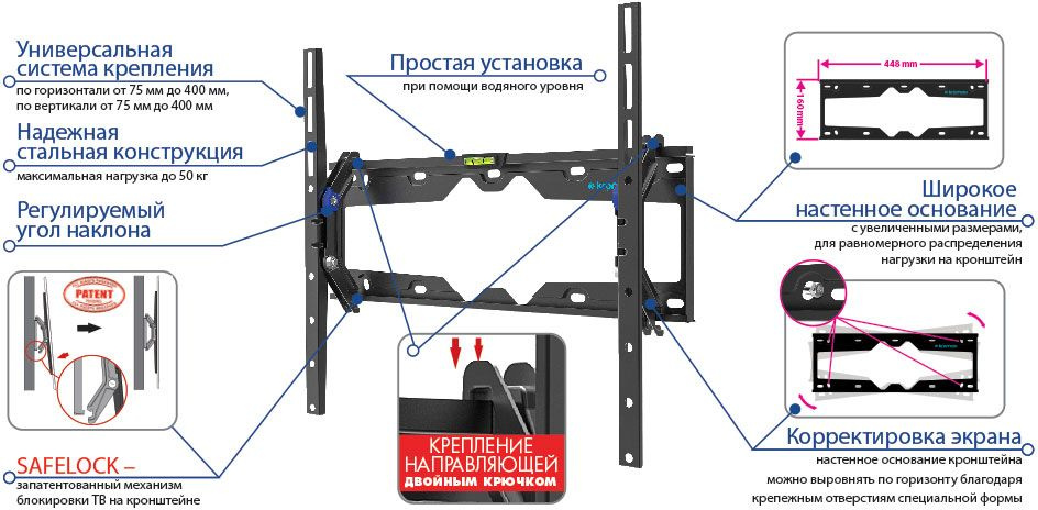Кронштейн для телевизора Kromax ELEMENT-4 черный 22"-65" макс.50кг настенный наклон — изображение 3
