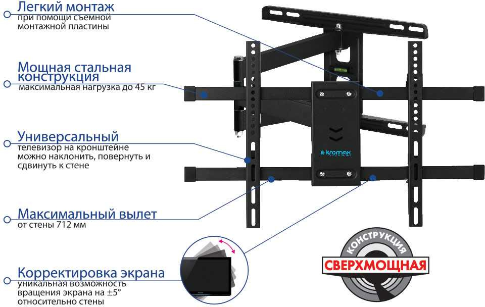Кронштейн для телевизора Kromax DIX-20 черный 22"-65" макс.45кг настенный поворотно-выдвижной и наклонный — изображение 2