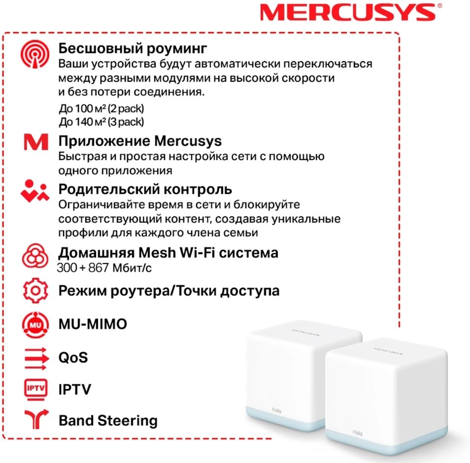 Бесшовный Mesh роутер Mercusys Halo H30(2-pack) AC1200 10/100BASE-TX белый (упак.:2шт)