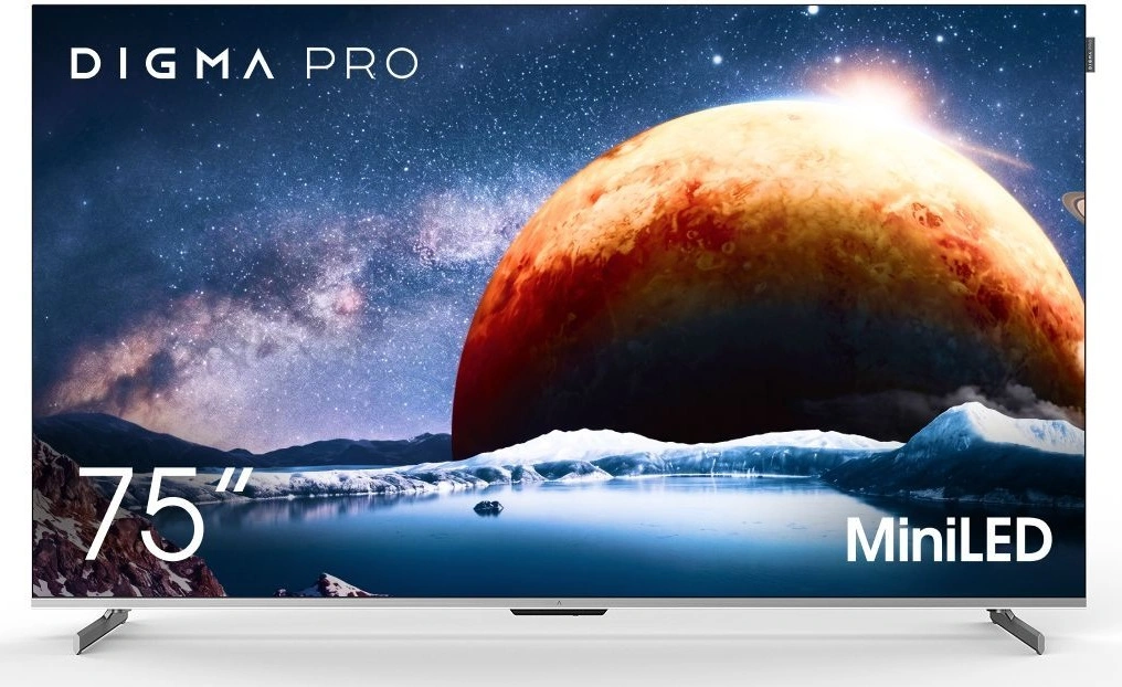 Телевизор QLED Digma Pro 75" Mini LED 75Q Google TV Frameless серебристый/серебристый 4K Ultra HD 144Hz MEMC DVB-T DVB-T2 DVB-C DVB-S DVB-S2 USB WiFi Smart TV