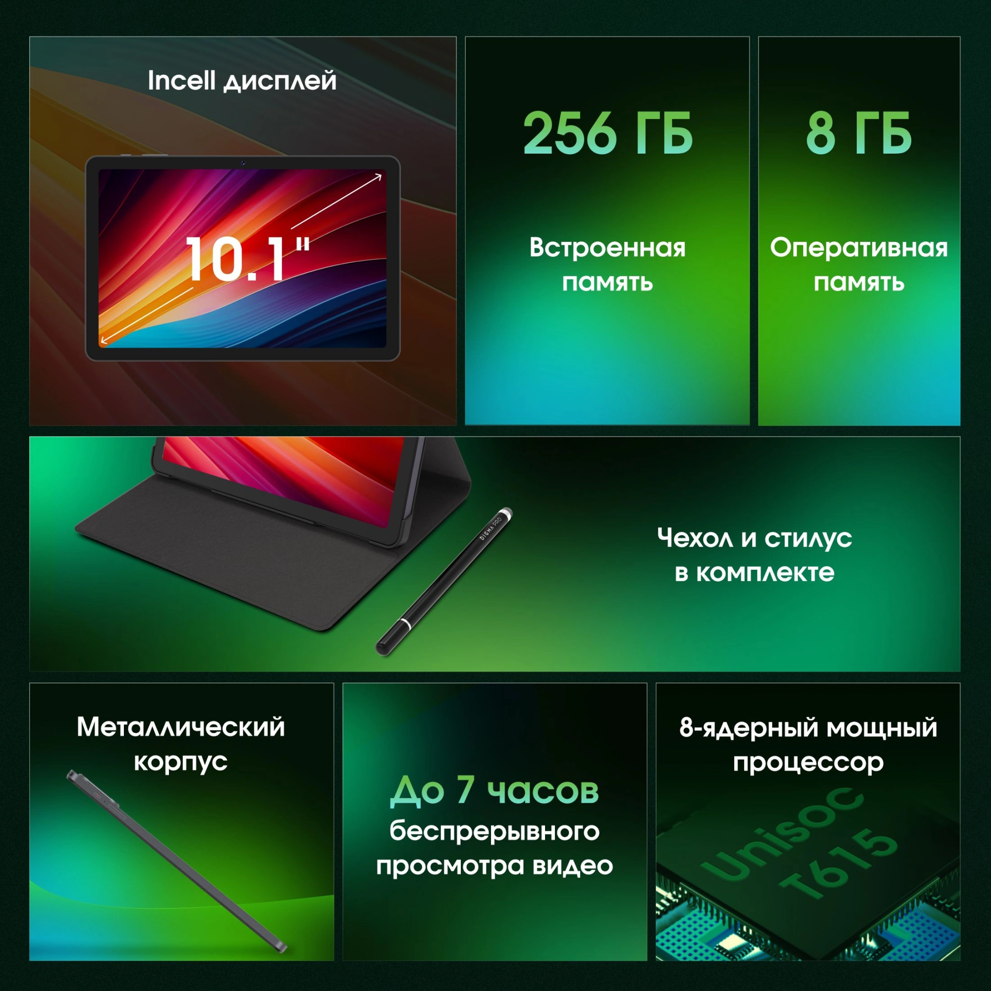 Планшет Digma Pro Zoom II T615 (1.8) 8C RAM8Gb ROM256Gb 10.1" IPS 1920x1200 4G Android 15 темно-серый 13Mpix 5Mpix BT WiFi microSD 1Tb 7000mAh 24hr 298hrs — изображение 2