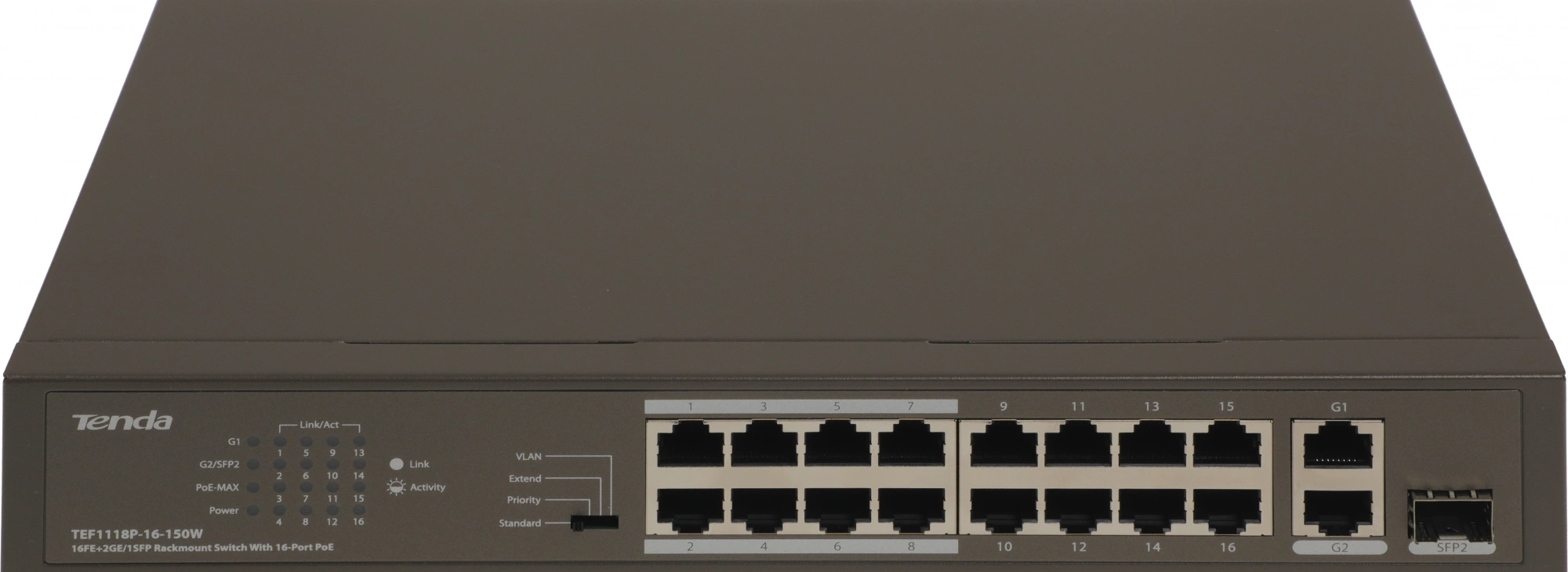Коммутатор Tenda TEF1118P-16-150W (L2) 16x100Мбит/с 2x1Гбит/с 1SFP 16PoE 130W неуправляемый
