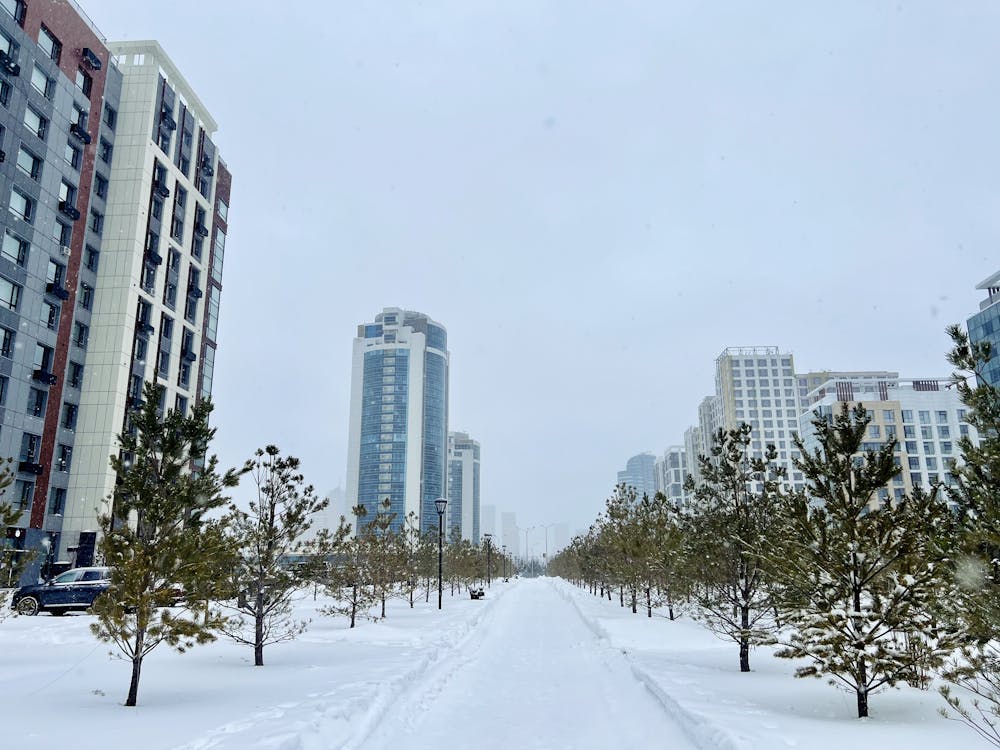 Зима в Астане с заснеженным горизонтом