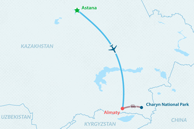 Карта, показывающая маршрут полета между Алматы и Астаной