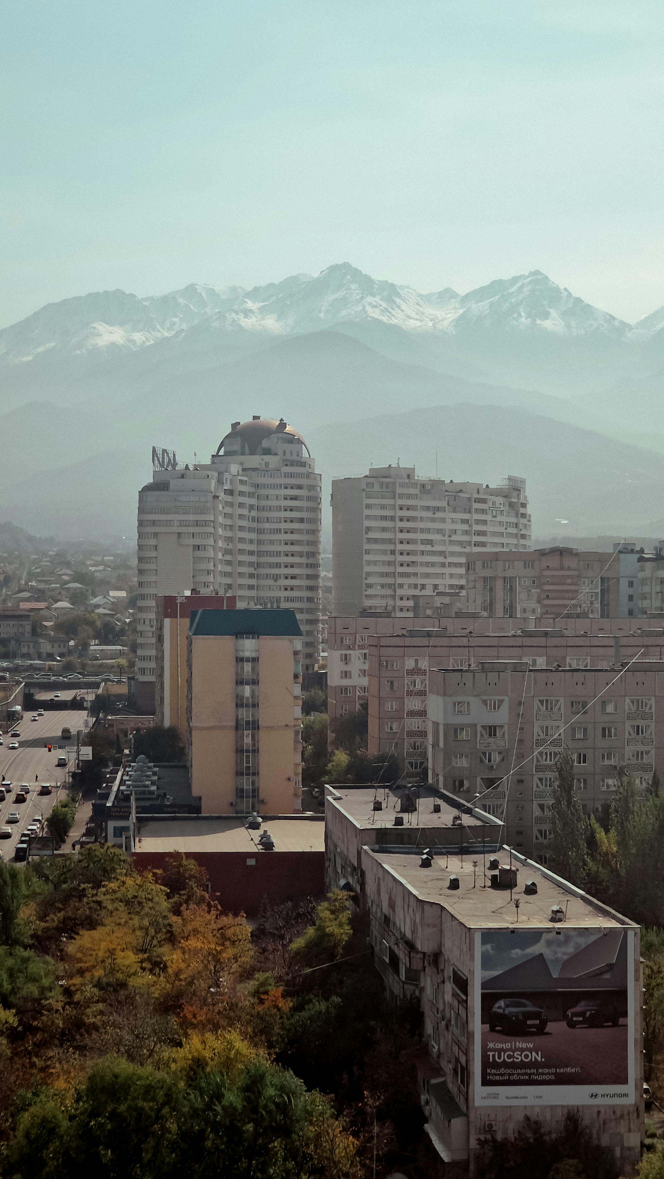 Almaty skyline with mountain backdrop