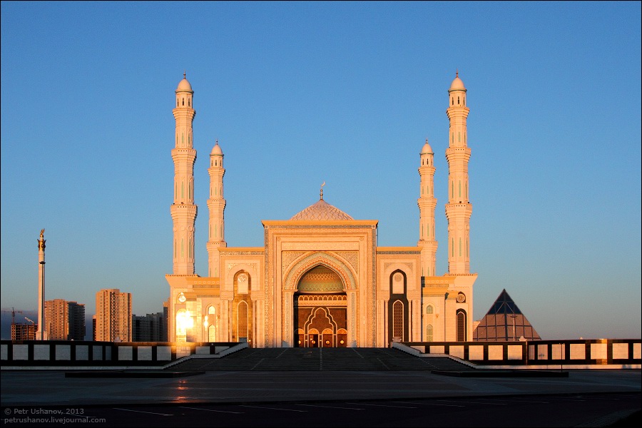 Split image of alpine meadow and desert mosque