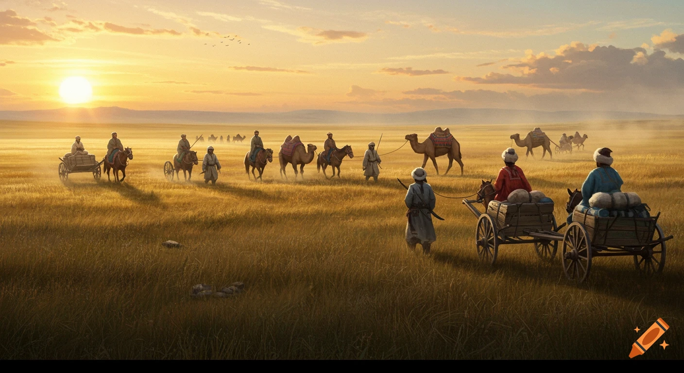 Sunset over steppe with caravan silhouette